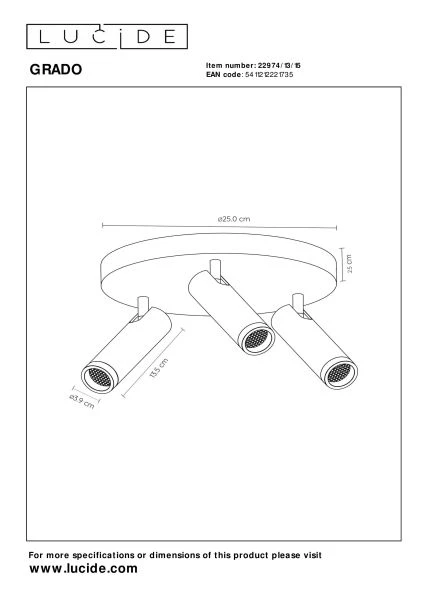 Lucide GRADO - Deckenstrahler - Ø 25 cm - 3xGU10 (MR11) - Grauguss - technisch